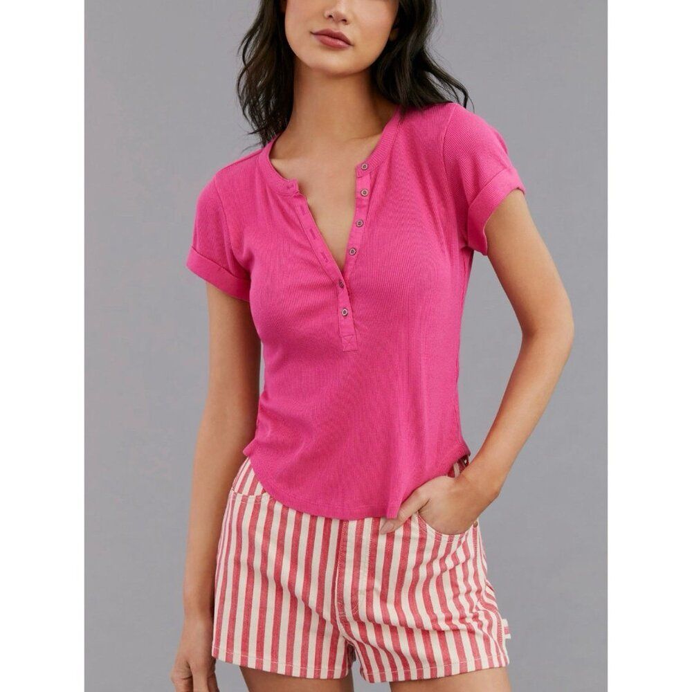 Anthropologie Pilcro Ribbed Henley Tee Pink Cotton Blend Womens Small FITS XS